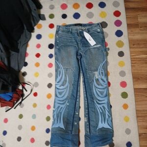Men's Slim Straight Blue Jeans with Graphic Design